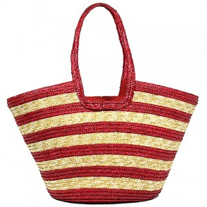 Straw Tote: Striped Woven Wheat Straw Tote - Red - BG-B11047RD